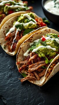 Delicious Tacos Filled With Pulled Meat, Topped With Guacamole and Sour Cream. Details matter.