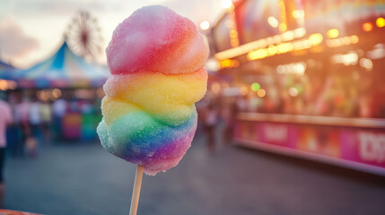 A Rainbow Cotton Candy Delight at the Amusement Park on a Sunny Day with copy space for National Cotton Candy Day