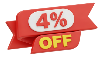 Four percent off 3d render. eye-catching red promotional ribbon or discount tag for special sale offers and marketing.