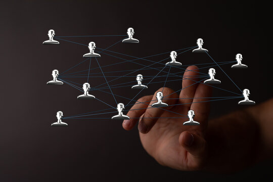 Hand interacting with digital network interface. Illustrating connection, communication, social media, technology, and global network. - Powered by Adobe