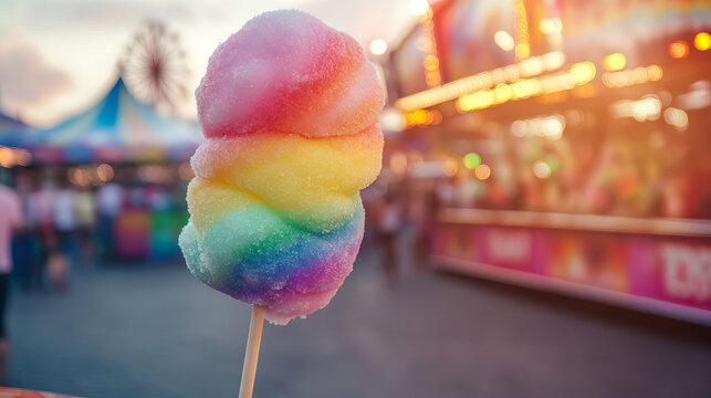 A Rainbow Cotton Candy Delight at the Amusement Park on a Sunny Day with copy space for National Cotton Candy Day - Powered by Adobe