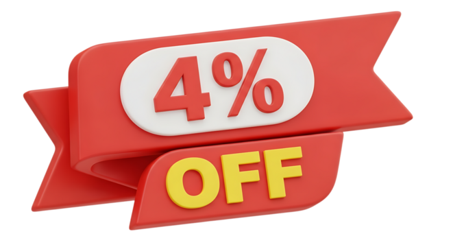 Four percent off 3d render. eye-catching red promotional ribbon or discount tag for special sale offers and marketing.