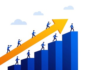 Business People Climbing Arrow and Bar Chart Steps to Success | Career Growth Concept Vector Illustration