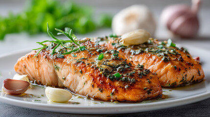 Close up of two salmon fillets with herbs and garlic on a white plate surface