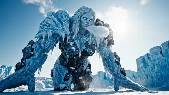 Ice Giant Creature Staring Into Camera on Snowy Terrain, Fantasy Concept