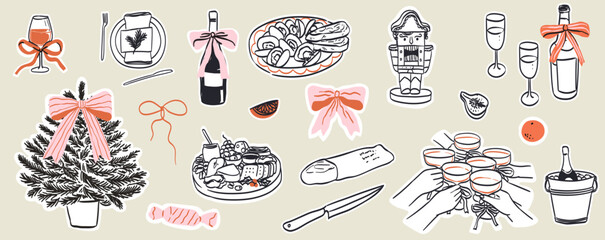Fototapeta na wymiar Retro whimsy vintage new year drawing set. Doodle line art contemporary minimalist print style. Christmas dinner table decor, food, wine or champagne. Hand-drawn winter holiday celebration elements.