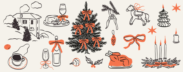 Retro whimsy vintage new year design set. Doodle line art contemporary vignetting print style. Christmas dinner table decor, food, wine or champagne. Hand-drawn winter holiday celebration elements.