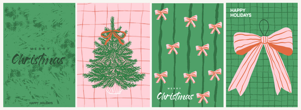 Retro vintage new year invitations and backgrounds in doodle line art print style. Christmas tree with bows poster, greeting card or placard set. Hand drawn xmas modern bright design graphic elements.
