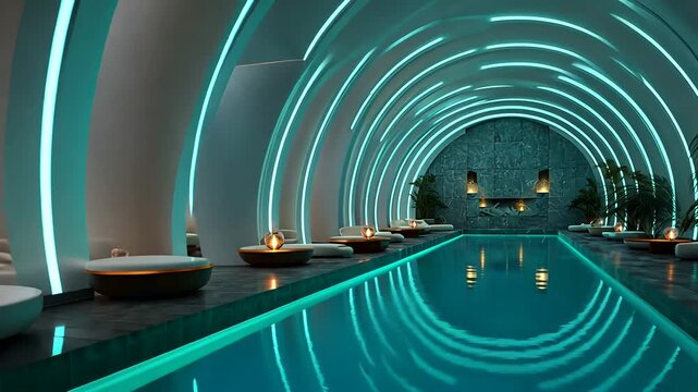 A luxurious indoor swimming pool with a unique arch design, glowing lights, and comfortable seating