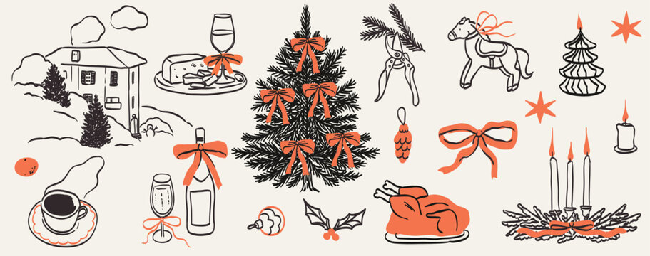 Retro whimsy vintage new year design set. Doodle line art contemporary vignetting print style. Christmas dinner table decor, food, wine or champagne. Hand-drawn winter holiday celebration elements.