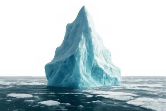 Iceberg floating in arctic ocean, showing global warming impact and climate change concept, transparent background