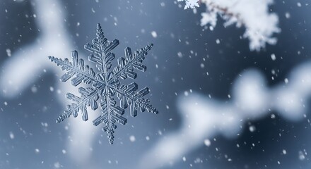 Close-up view of a detailed snowflake with delicate ice crystals, set against a softly blurred background of snow and frost