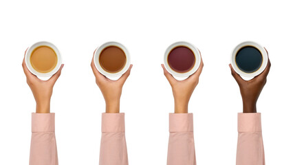 Four diverse hands holding different coffee drinks in white cups isolated on white background