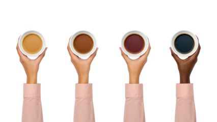 Four diverse hands holding different coffee drinks in white cups isolated on white background