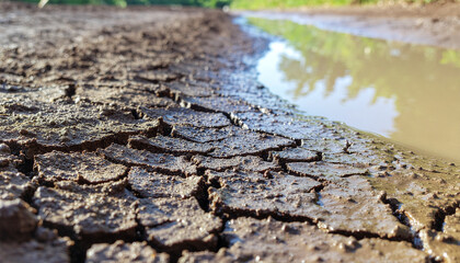 Cracked earth and water create multi hazard scenario showing drought and flood risk in natural environment