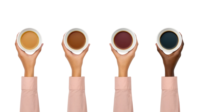 Four diverse hands holding different coffee drinks in white cups isolated on white background