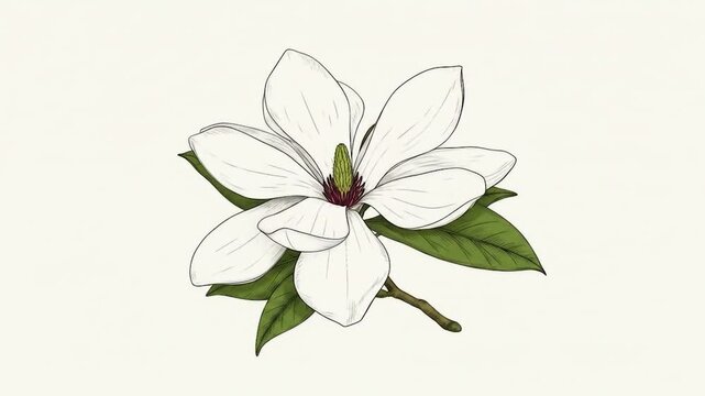 Delicate white magnolia bloom with green leaves on a light background