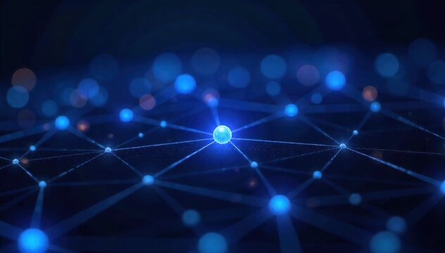 Abstract geometric data flow visualization with vibrant glowing nodes and interconnected lines on a dark background, representing information transfer. Abstract geometric network visualization with