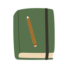 Green closed sketchbook, notebook or diary with pencil. Notepad and liner pen. Flat vector illustration.