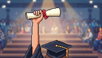 Illustration of pixel art hand holding diploma at graduation ceremony