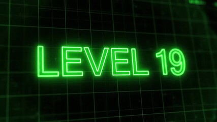 Bright green neon text displaying LEVEL 19 on a dark futuristic digital grid background symbolizing progress achievement and a new stage in gaming or a virtual experience with a vibrant glow effect. - Powered by Adobe