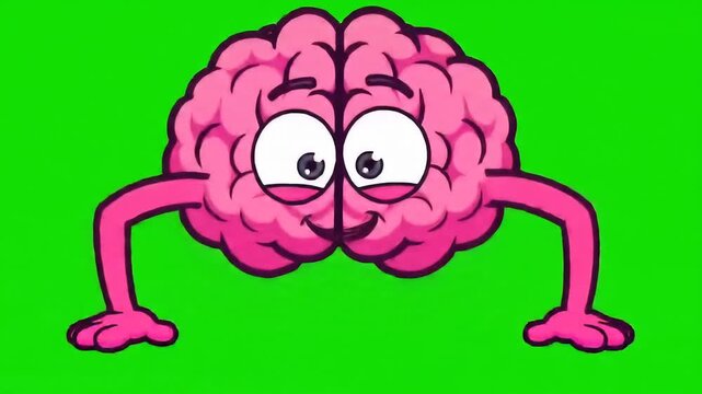 Animated cartoon brain character with arms and legs on a vibrant green screen background showcasing various expressions and movements for educational or humorous content.