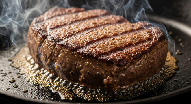 Juicy Seared Steak Cooking in Sizzling Hot Pan with Smoke
A close-up, dramatic shot of a thick, perfectly seared beef steak cooking in a hot cast-iron skillet