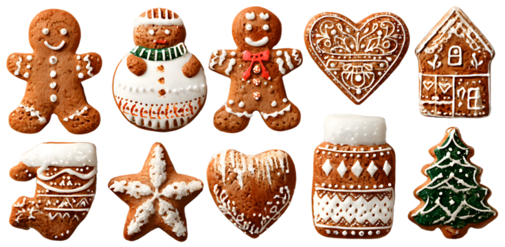 Christmas gingerbread and cookies figures isolated on a transparent background