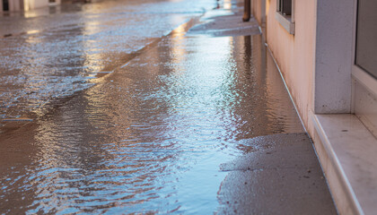 Flooded street urban multi hazard scenario with water reflecting buildings and pavement after heavy rain disaster