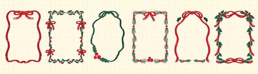 Fototapeta na wymiar Christmas frame vector illustration set with red and green ribbons, bows, holly leaves and festive decorations — elegant holiday design for greeting cards, invitations, posters and packaging prints.