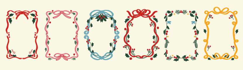 Fototapeta na wymiar Christmas frame vector illustration set with red and green ribbons, bows, holly leaves and festive decorations — elegant holiday design for greeting cards, invitations, posters and packaging prints.