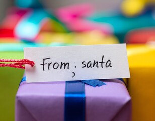 A close-up shot of a purple gift box with a blue ribbon and a tag saying "From. santa", surrounded by blurred colorful presents.