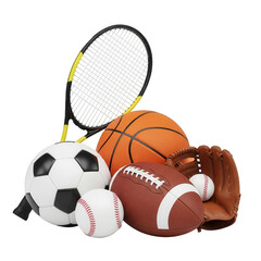 Collection of sports balls and equipment isolated on transparent background
