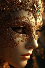 Close up of an ornate venetian mask with intricate gold detailing