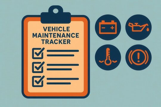 Vehicle maintenance tracker clipart, dashboard icons and checklists, flat vector style
