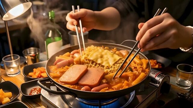 People eating boiling Korean army stew (Budae Jjigae) hot pot at restaurant