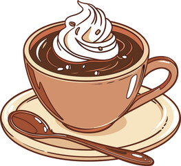 Hot chocolate with whipped cream in a cup on a saucer