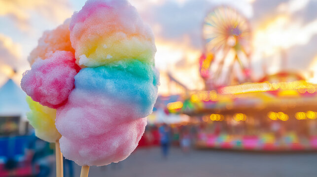 Rainbow Cotton Candy Delight at the Carnival with the Ferris Wheel Backdrop with copy space for National Cotton Candy Day - Powered by Adobe