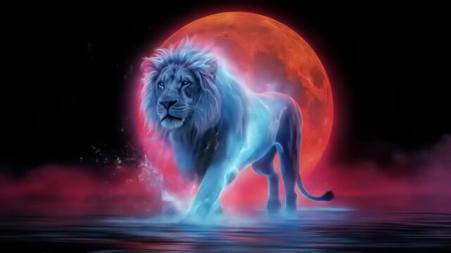 Neon lion silhouette against red moon fantasy art for creative projects