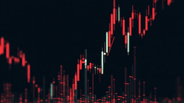 Abstract stock market chart in red and green colors showing upward trends with candlestick patterns and trading volume, ideal for financial and investment themes