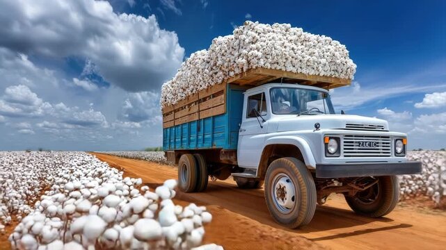 Classic white truck packed with freshly picked cotton traveling along a dusty path in the midst of a vast farm field, surrounded by a clear blue sky dotted with fluffy clouds