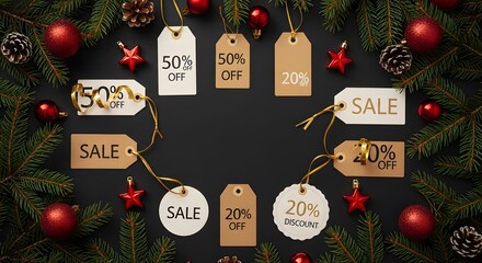 Holiday season sale announcement, discounts everywhere. Festive ornaments and tags surround deals.