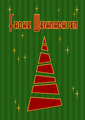 Weihnachtskarte mit Frohe Weihnachten Text auf gr&uuml;nem Streifenmuster Hintergrund. Mid Century Modern Style.