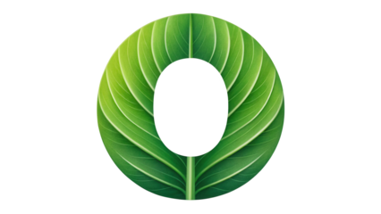 Green leaf shaped as letter o or zero, fresh organic nature concept isolated on white background