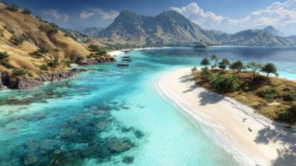 Obraz premium Serene Tropical Island Landscape with Crystal-Clear Waters and Lush Mountains Under Bright Blue Sky