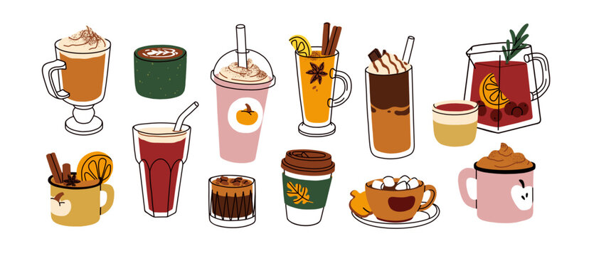 Autumn drinks set. Hot pumpkin latte, tea and coffee with spices, cocoa with marshmallow. Seasonal fall and winter beverages in cup, mug, glass. Flat vector illustrations isolated on white background.
