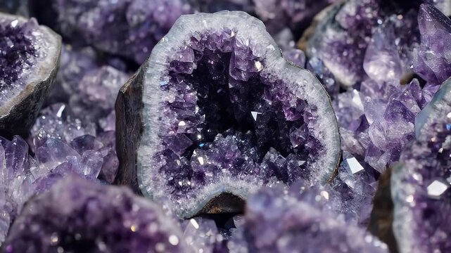 Close up view of sparkling purple amethyst geode crystals.