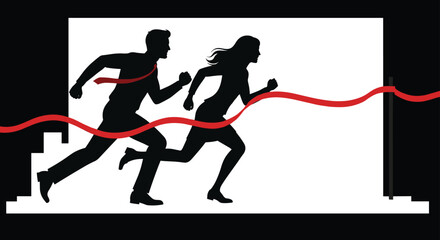 Business competition concept, corporate race, professional success, teamwork challenge, career growth, leadership achievement, finish line, motivation, determination, businesspeople running, victory