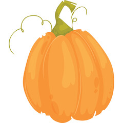 A Whimsical Orange Pumpkin With Green Stem and Curly Vines Isolated On A Transparent Background Representing Autumn Harvest And Halloween