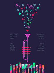 Christmas Live Music event vector poster template. Winter Season Holidays Live Music concert. Piano, trumpet cartoon illustration. Christmas Tunes, Festive Night celebration performance background